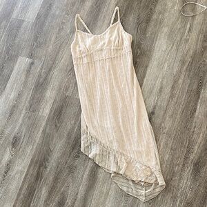 Y2k vintage midi sleeveless cottage dress mesh overlay beige neutral ruffle hem